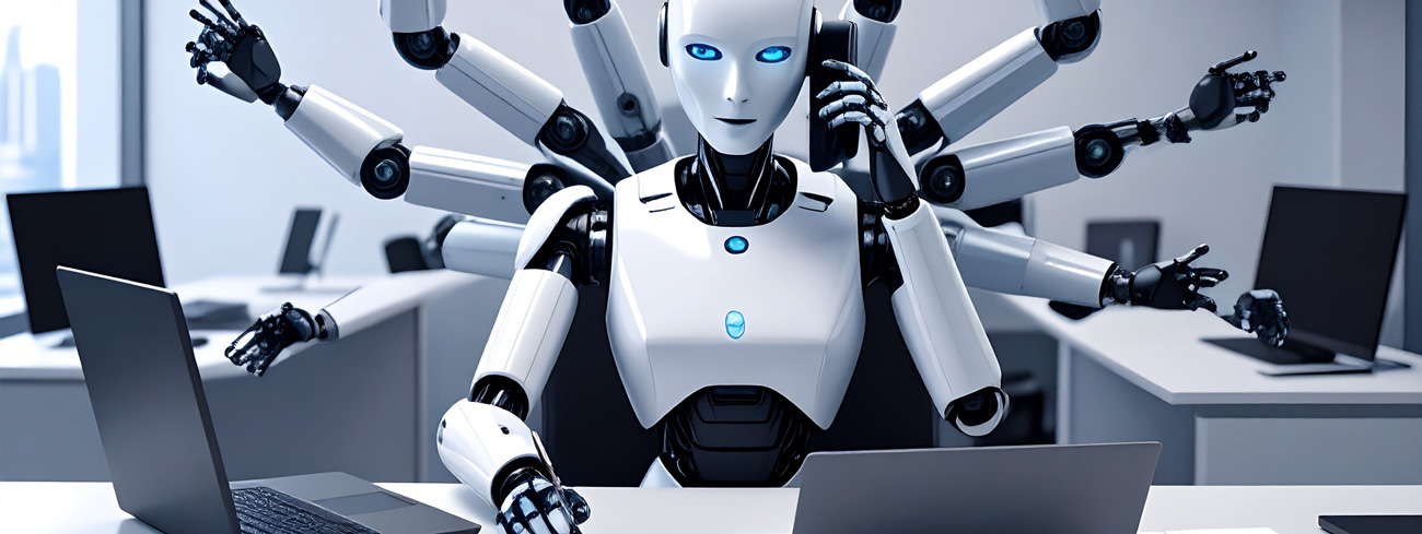 Firefly_Create-futuristic-robot-with-8-arms-taking-phone-calls-writing-notes-on-a-latop-co-630852 Marketing Automation Blog by Beam Automation Experts